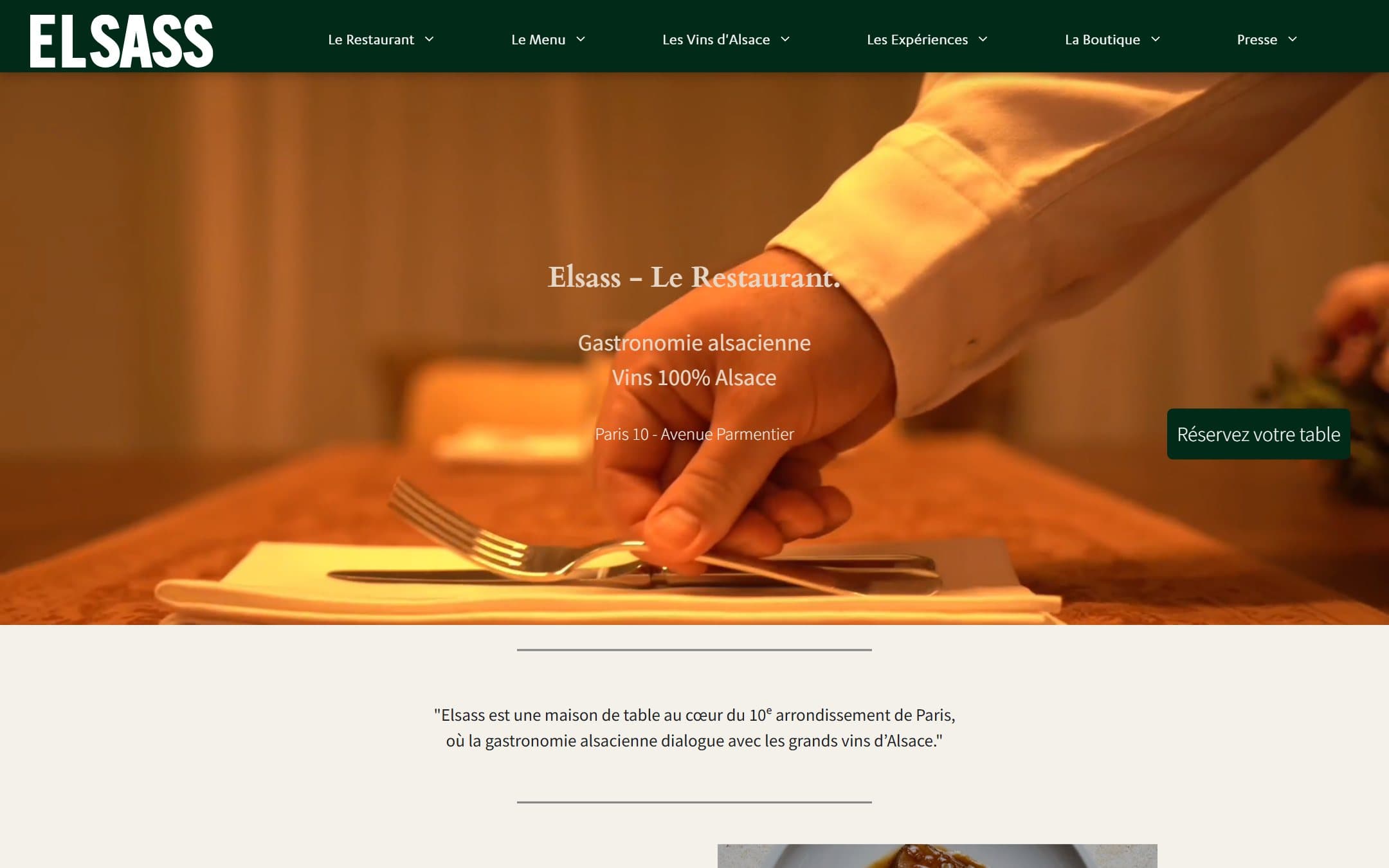Page d'accueil du site réalisé pour Restaurant Elsass